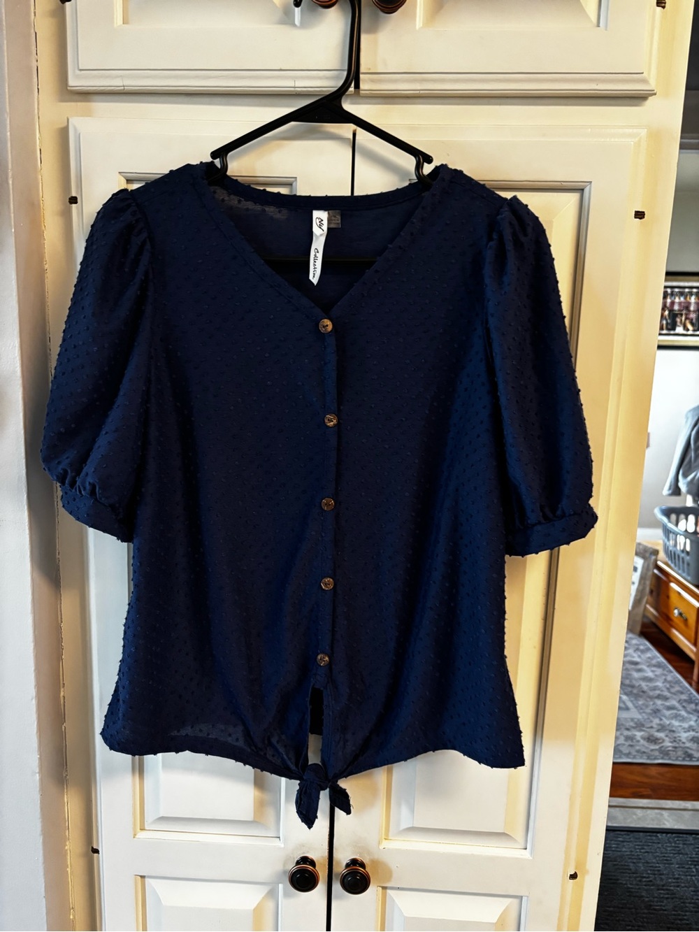 NY Collection Classic Navy Button-Front Tie-Hem Top